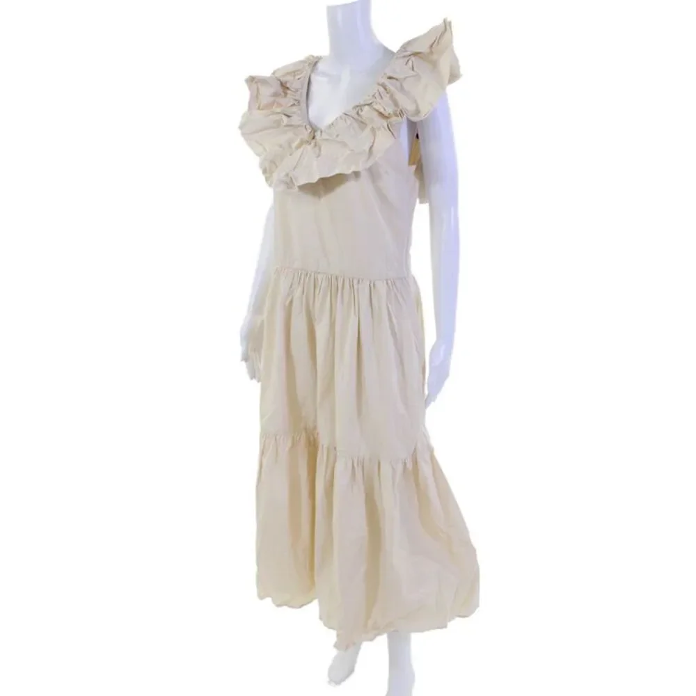 English Factory Womens Textured Ruffle Sleeve Scoop Neck Long Dress Nude Size M